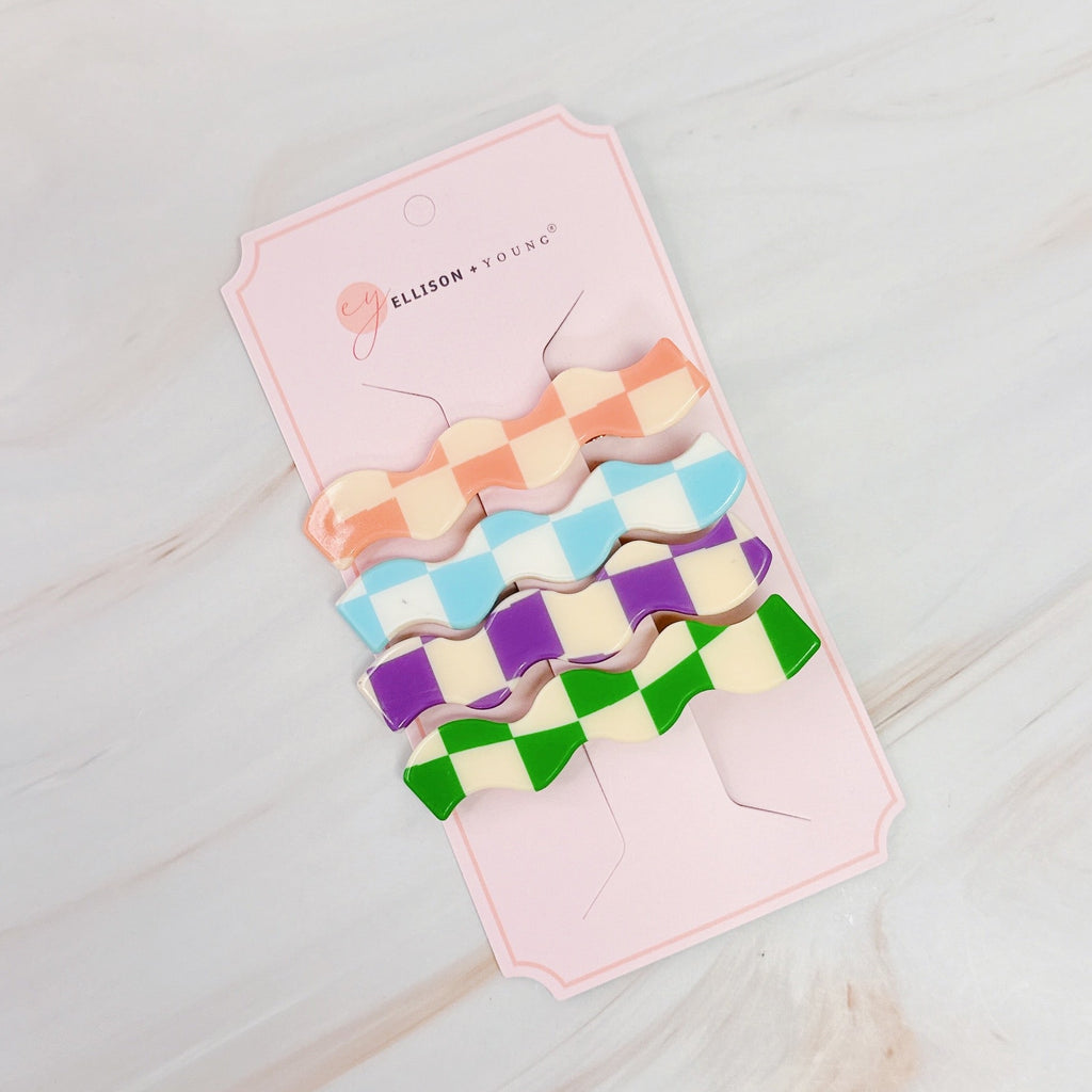 Checkered Wavy Creaseless Hair Clips Set Of 4