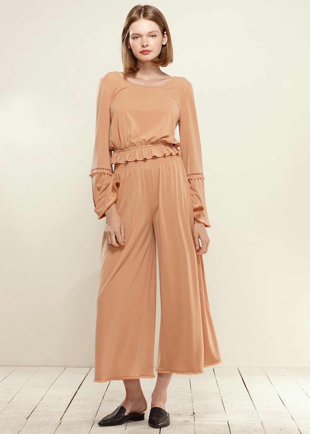 Apricot Smocked Waist Wide Leg Palazzo Pants