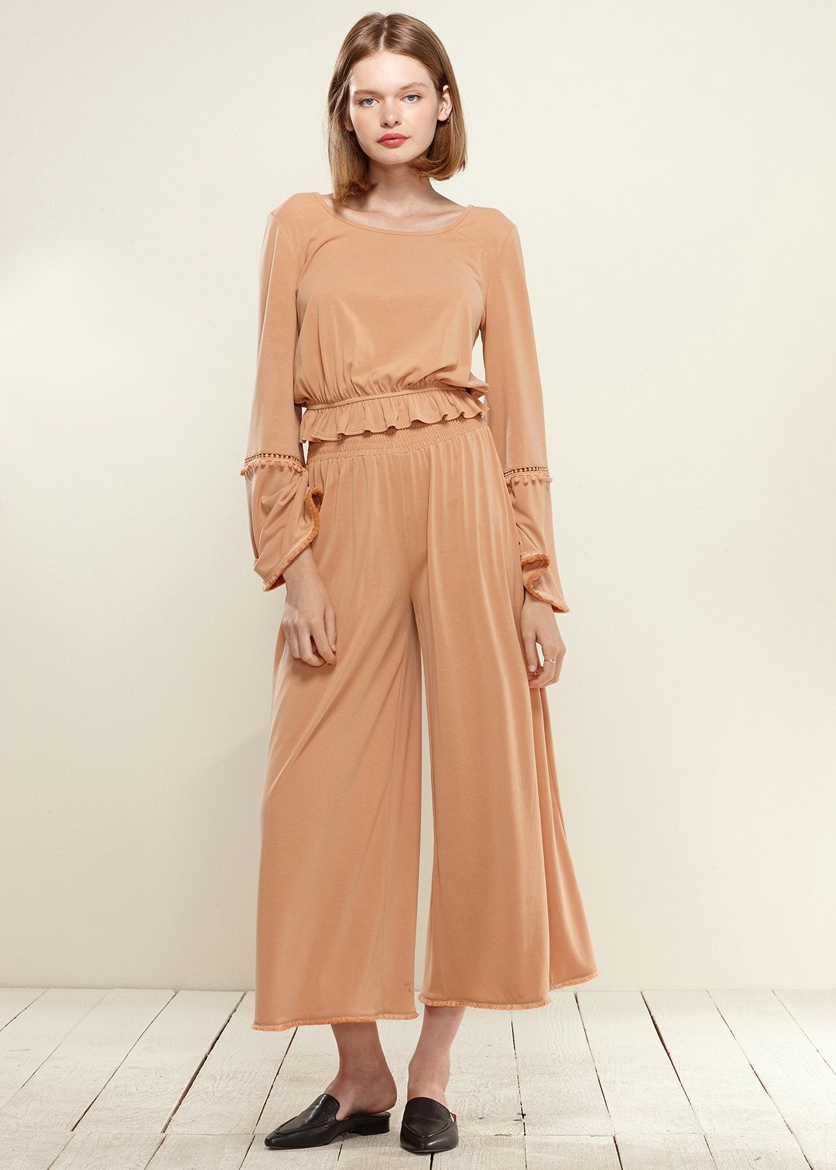 Apricot Smocked Waist Wide Leg Palazzo Pants