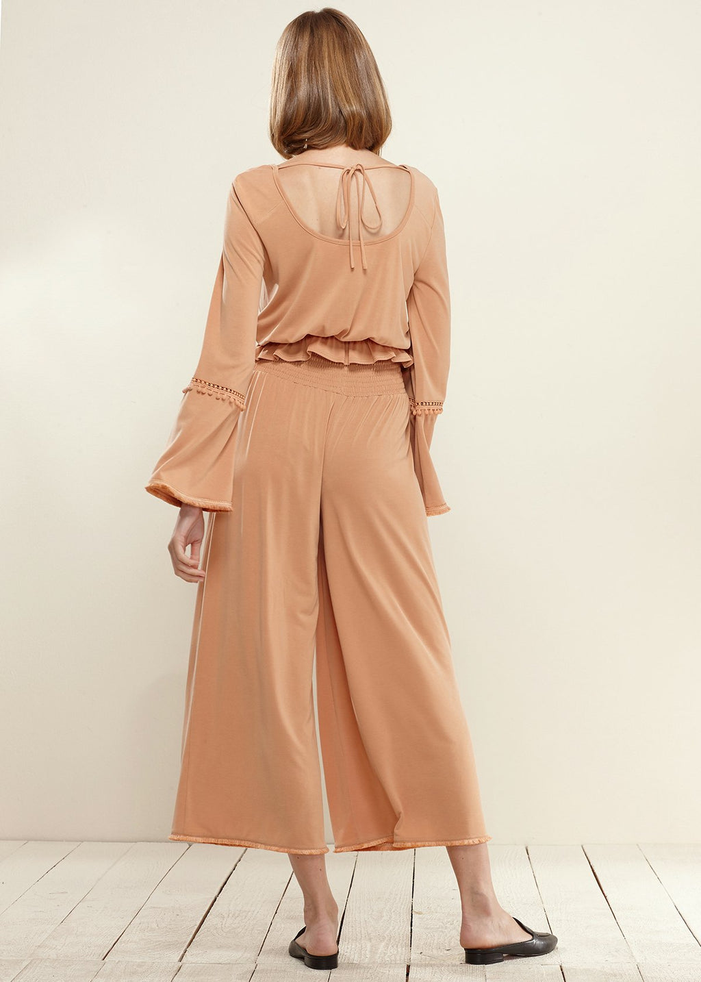 Apricot Smocked Waist Wide Leg Palazzo Pants