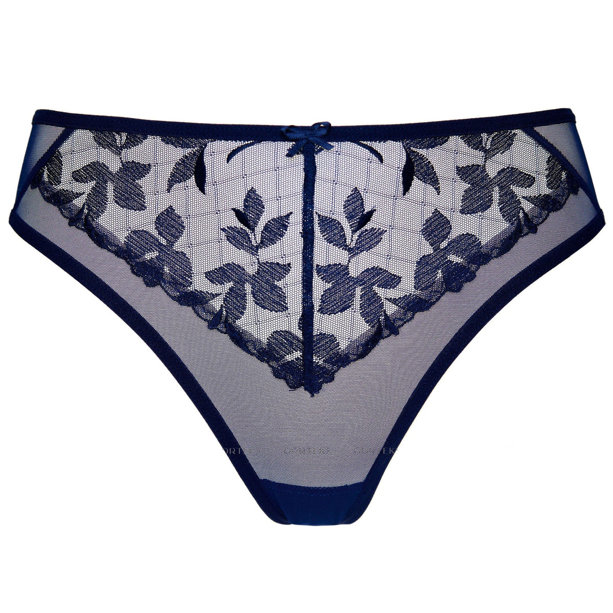 Navy Blue Floral Embroidered Mesh Thong