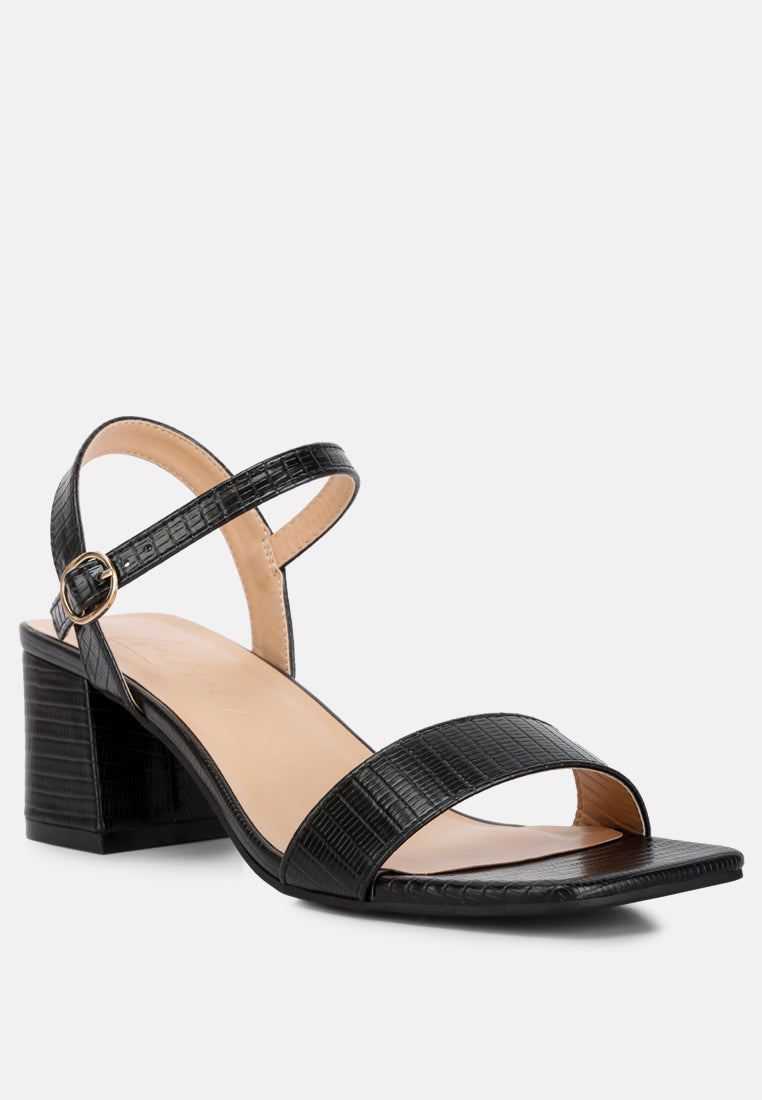 Lizard Embossed Low Block Heel Sandals