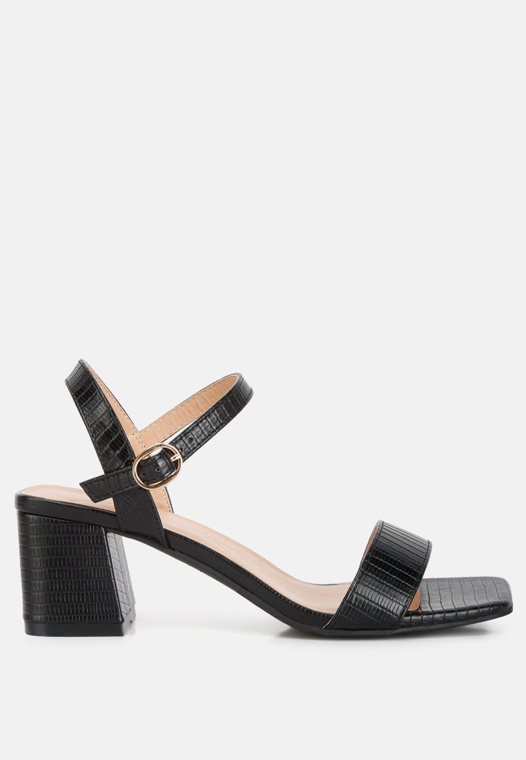Lizard Embossed Low Block Heel Sandals