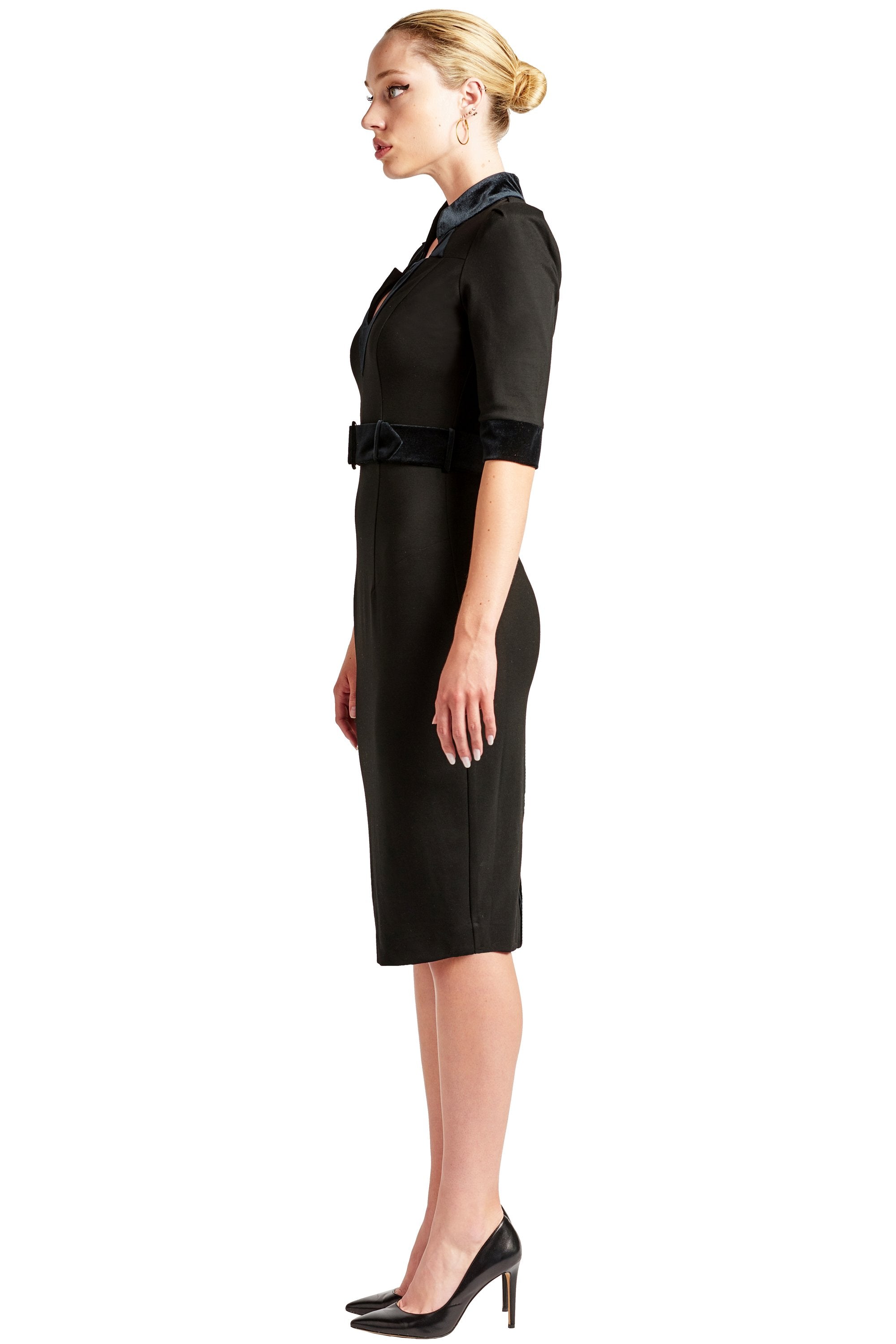 Sheath Dress - Elbow Sleeve, Notch Meck Ponte Dress