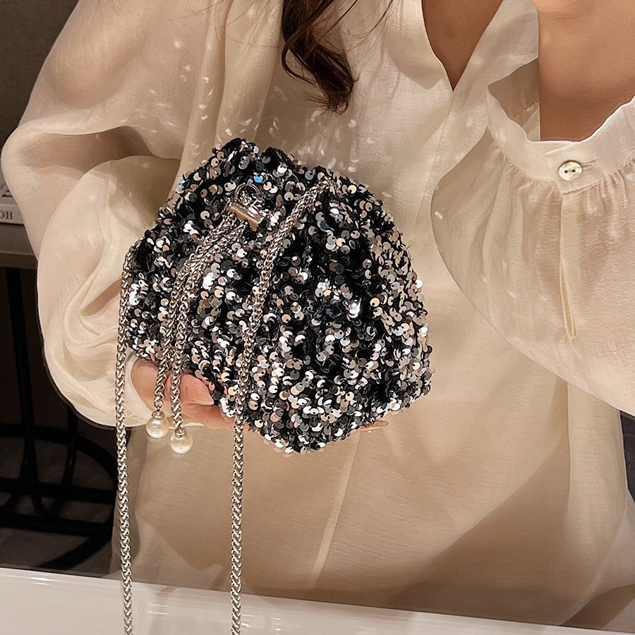 Fashionable personality sequin bag female new Korean version bucket bag foreign air shoulder bag tide cross body dinner bag-0