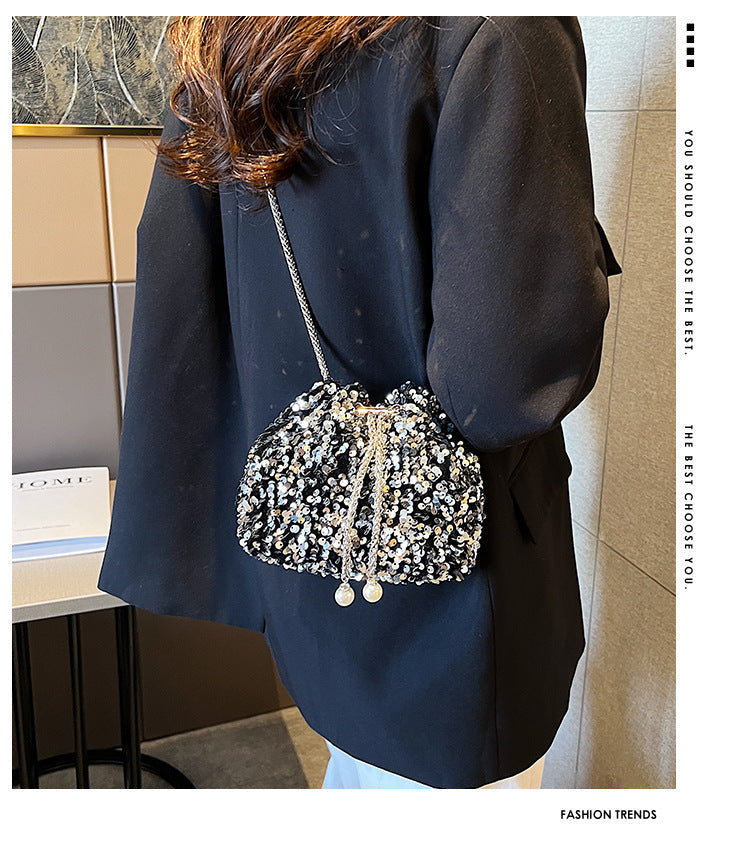Fashionable personality sequin bag female new Korean version bucket bag foreign air shoulder bag tide cross body dinner bag-3