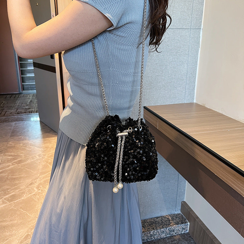 Fashionable personality sequin bag female new Korean version bucket bag foreign air shoulder bag tide cross body dinner bag-5