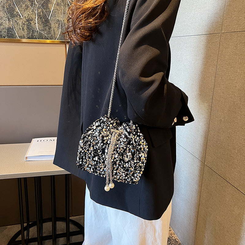 Fashionable personality sequin bag female new Korean version bucket bag foreign air shoulder bag tide cross body dinner bag-6