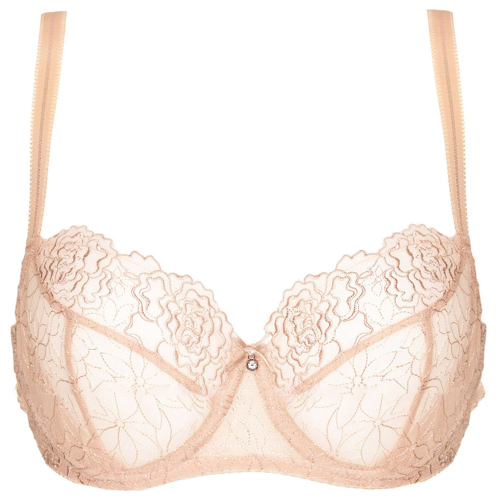 Beige Sheer Ribbon Bow Mesh Balconette Bra