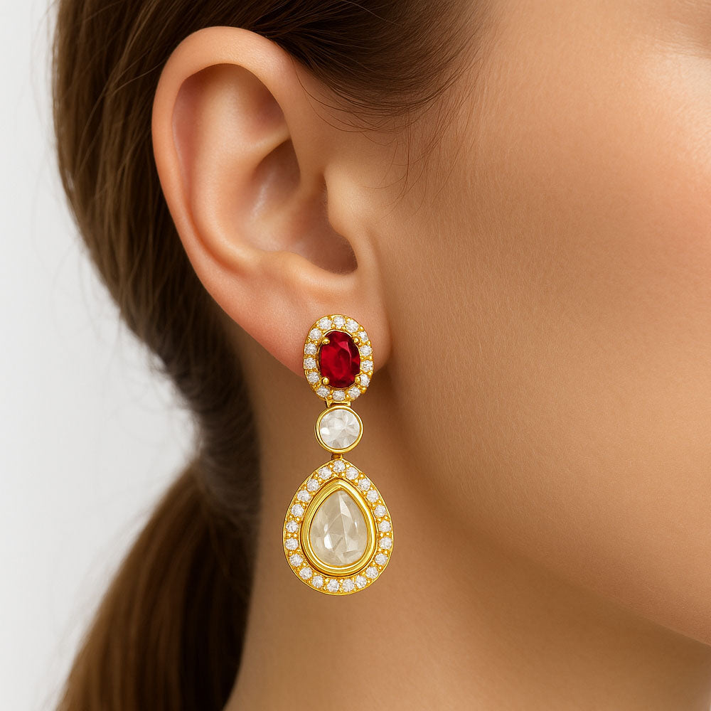 Kundan Polki Dangle Earrings 18K Gold Plated Jewelry with Gemstone