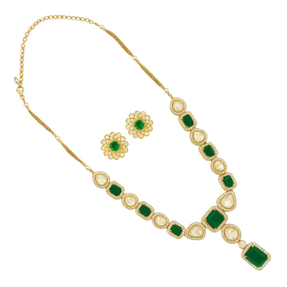 Bridal Kundan Polki Green Necklace & Earring Set 18K Gold Plated