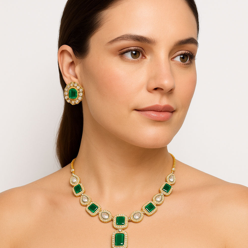 Bridal Kundan Polki Green Necklace & Earring Set 18K Gold Plated