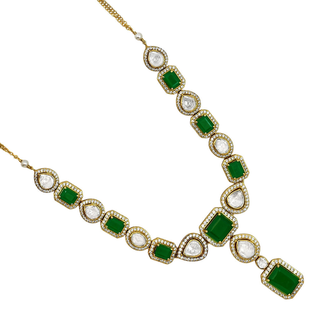Bridal Kundan Polki Green Necklace & Earring Set 18K Gold Plated
