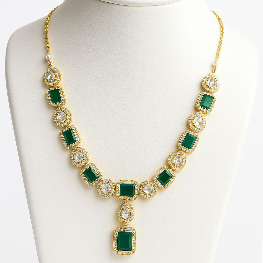 Bridal Kundan Polki Green Necklace & Earring Set 18K Gold Plated