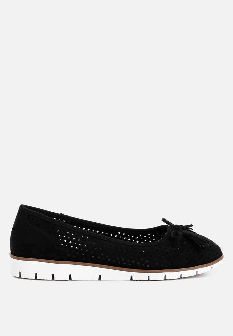 Pacer Perforated Leather Ballerinas W/ Bow Embellishment