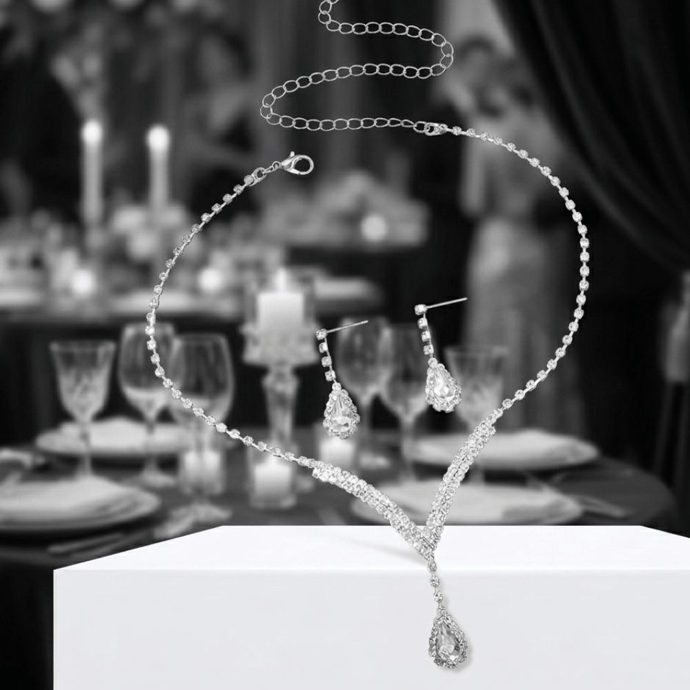 Rhinestone Claw Chain Jewelry 3.5 Ct Main Stone Crystal Necklace & Earrings