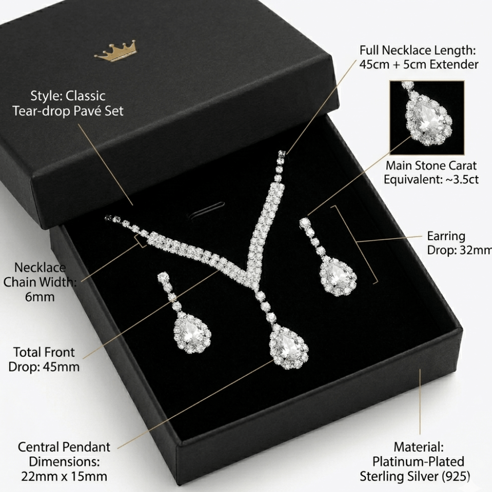Rhinestone Claw Chain Jewelry 3.5 Ct Main Stone Crystal Necklace & Earrings