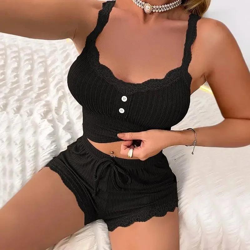Lace Trim Ribbed Summer Pajama Set