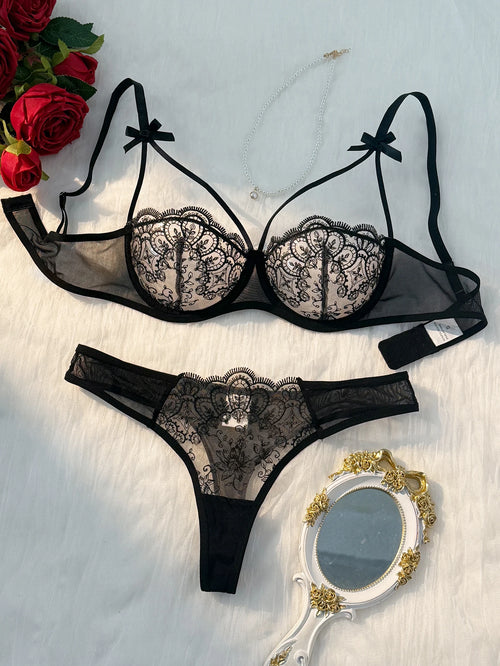 Black 2-piece Lightweight Embroidered Semi Transparent Bra & Undies