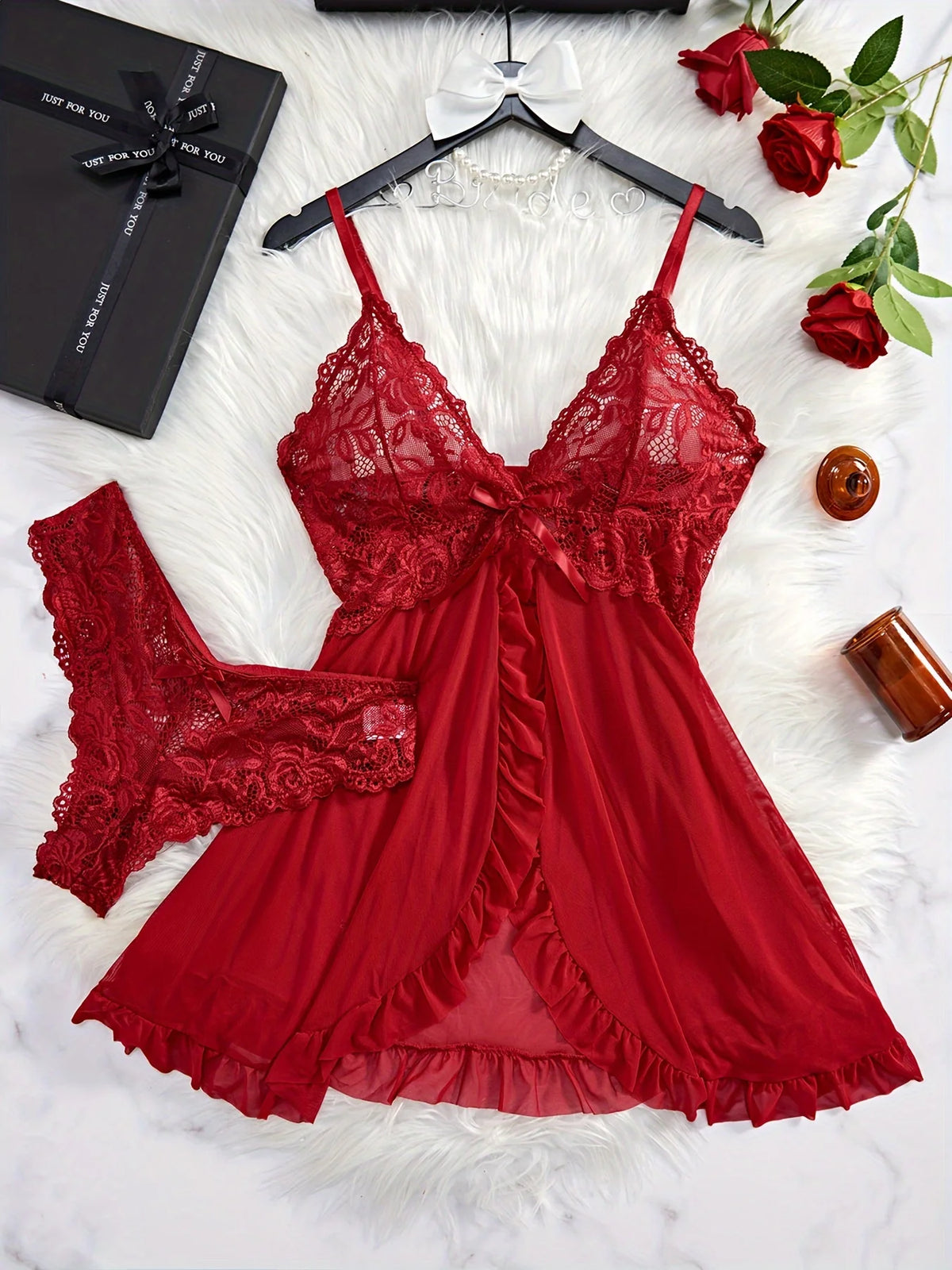 Lace Chemise Babydoll Lingerie Set W/ Romantic Ruffle