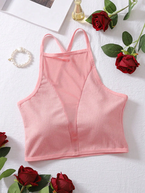 Solid Contrast Mesh Criss Cross Cami Top Bra