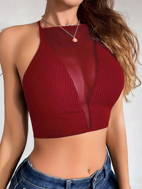 Solid Contrast Mesh Criss Cross Cami Top Bra