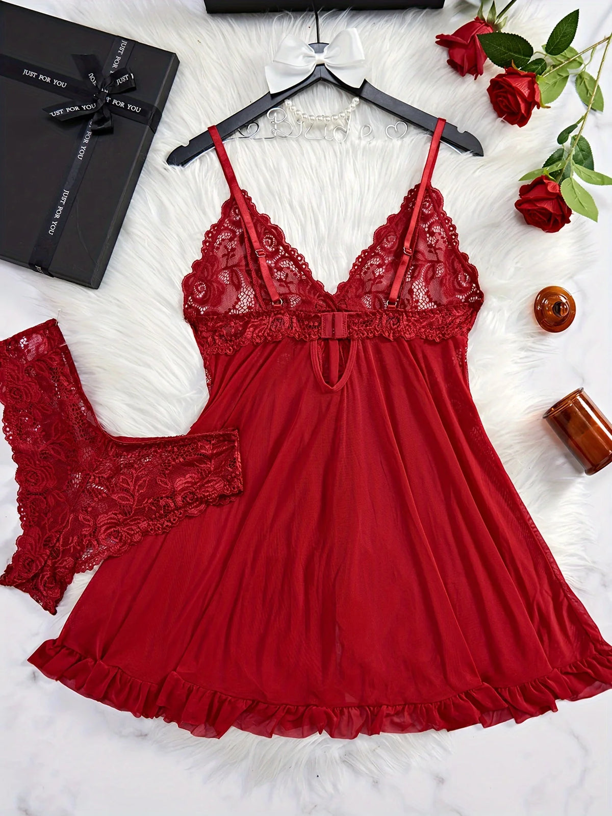 Lace Chemise Babydoll Lingerie Set W/ Romantic Ruffle
