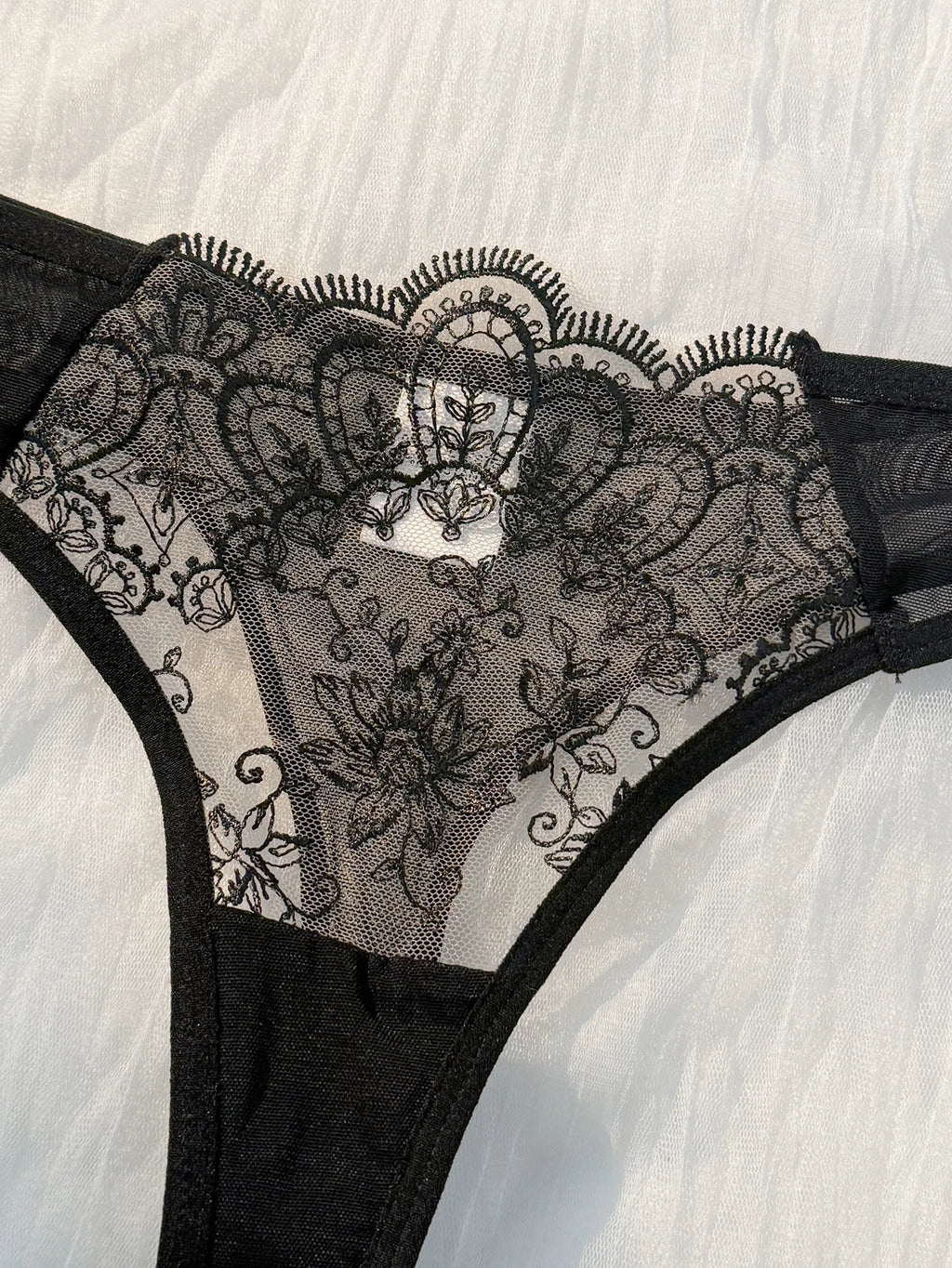 Black 2-piece Lightweight Embroidered Semi Transparent Bra & Undies