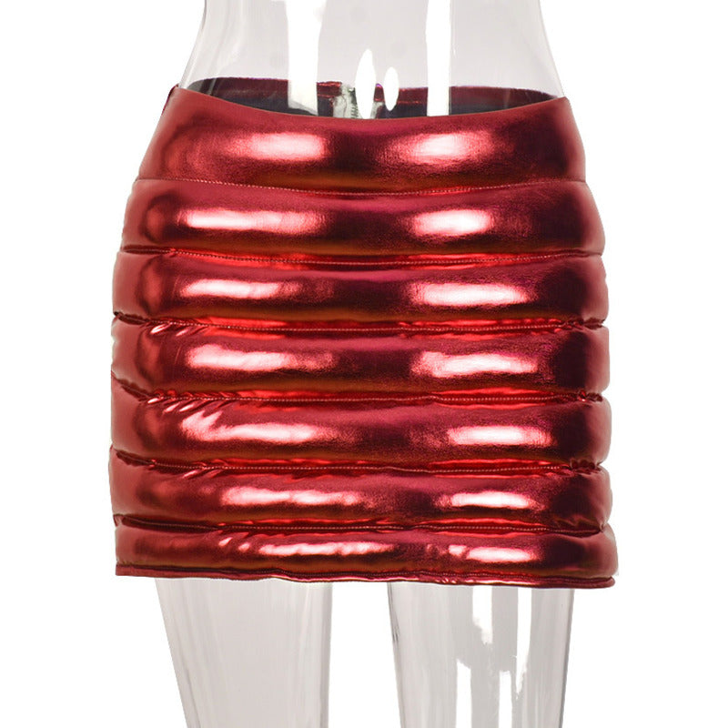 Red Puffer Skirts Metallic Shiny Warm Quilted Mini Skirt