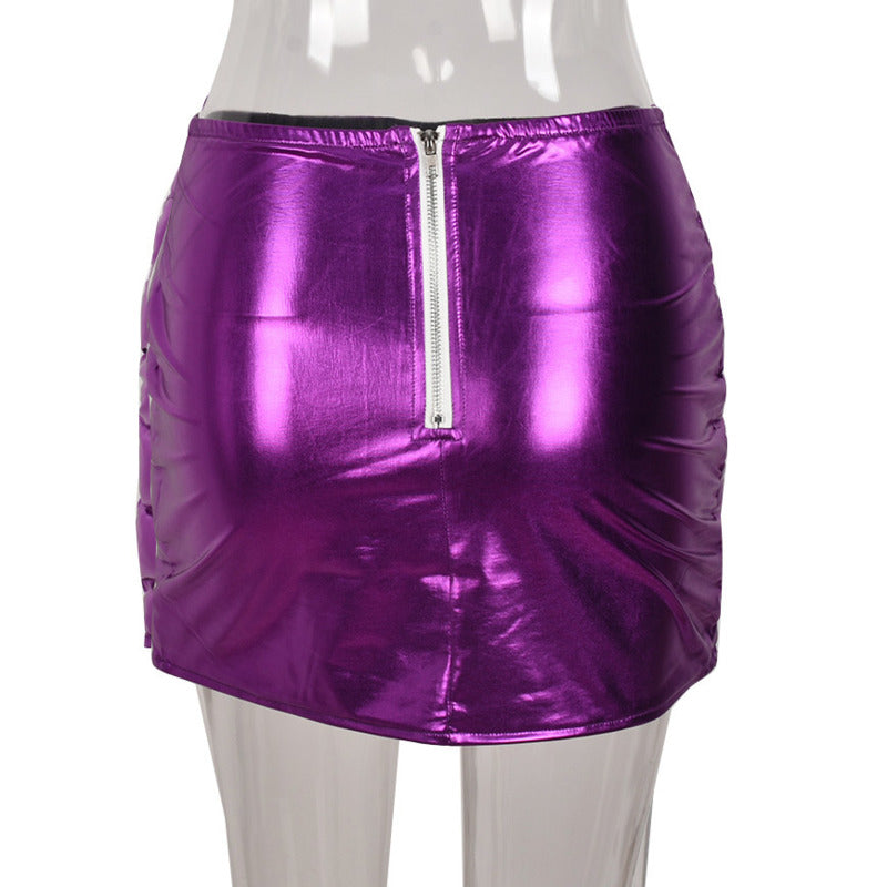 Purple Metallic Puffer Skirt Warm Quilted Mini Skirt