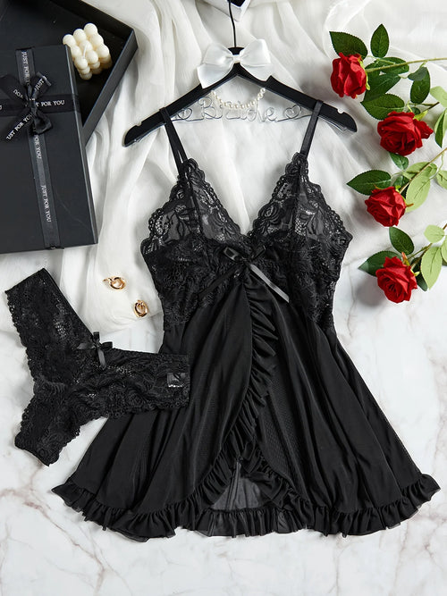 Lace Chemise Babydoll Lingerie Set W/ Romantic Ruffle