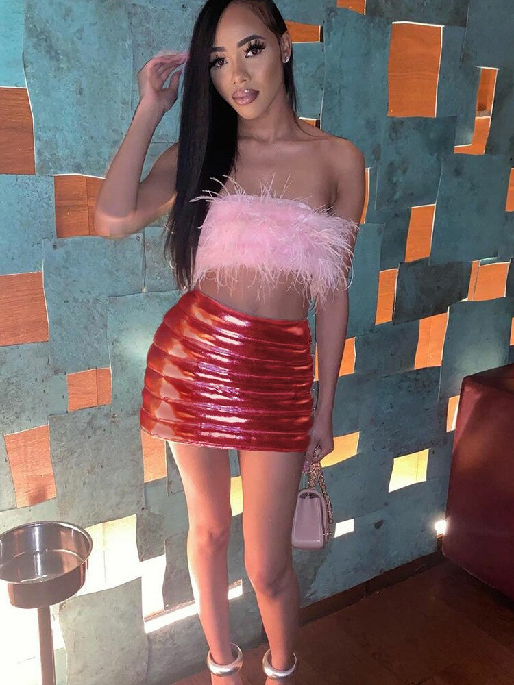 Red Puffer Skirts Metallic Shiny Warm Quilted Mini Skirt