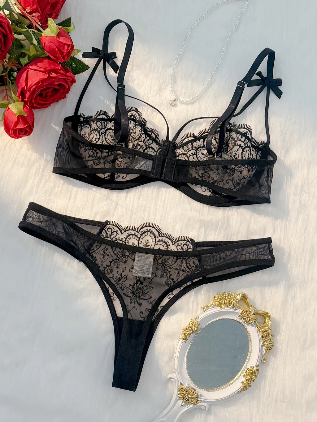 Black 2-piece Lightweight Embroidered Semi Transparent Bra & Undies