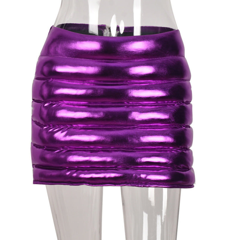 Purple Metallic Puffer Skirt Warm Quilted Mini Skirt