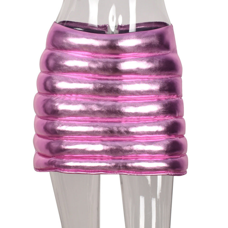 Pink Puffer Skirt Metallic Warm Quilted Mini A-line