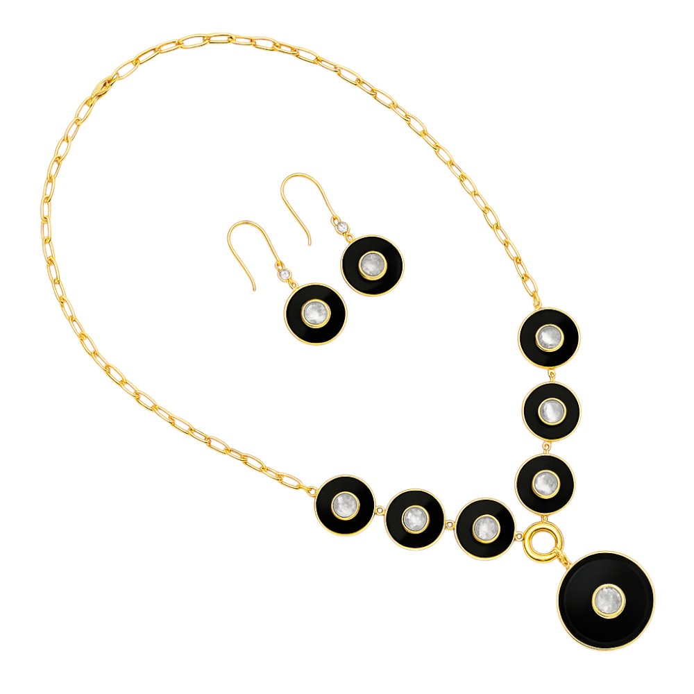 18K Gold Plated Black Onyx and Rainbow Moonstone Necklace Earrings Set