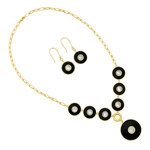 18K Gold Plated Black Onyx and Rainbow Moonstone Necklace Earrings Set