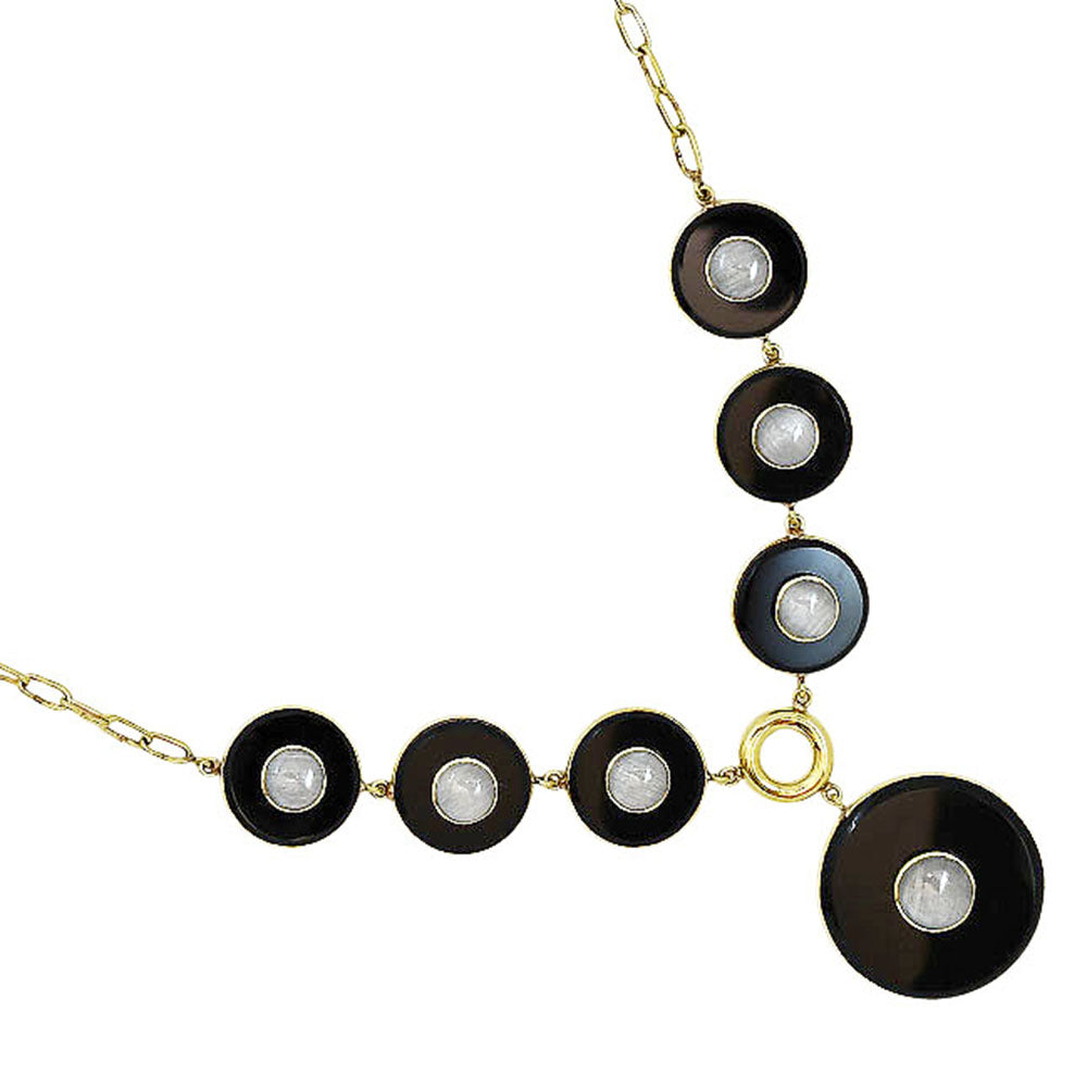18K Gold Plated Black Onyx and Rainbow Moonstone Necklace Earrings Set