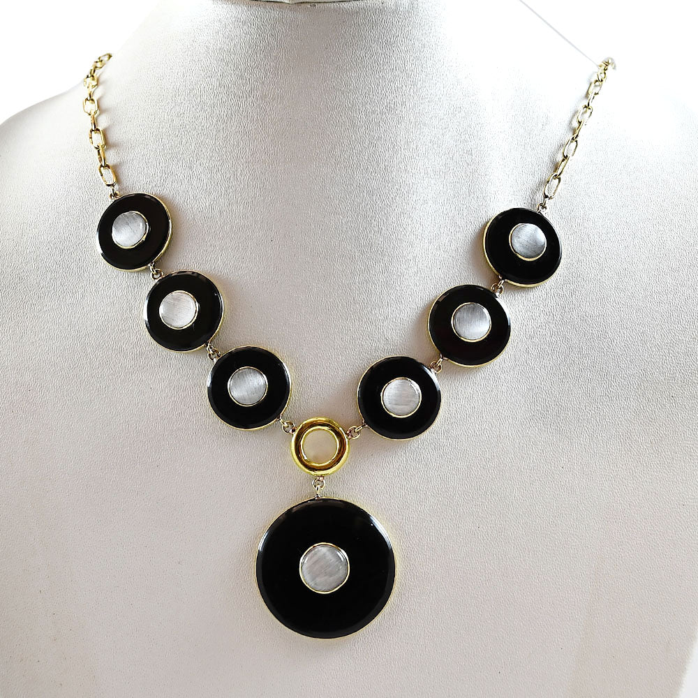 18K Gold Plated Black Onyx and Rainbow Moonstone Necklace Earrings Set