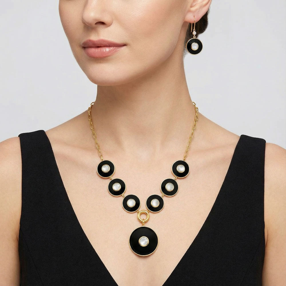 18K Gold Plated Black Onyx and Rainbow Moonstone Necklace Earrings Set