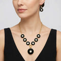 18K Gold Plated Black Onyx and Rainbow Moonstone Necklace Earrings Set