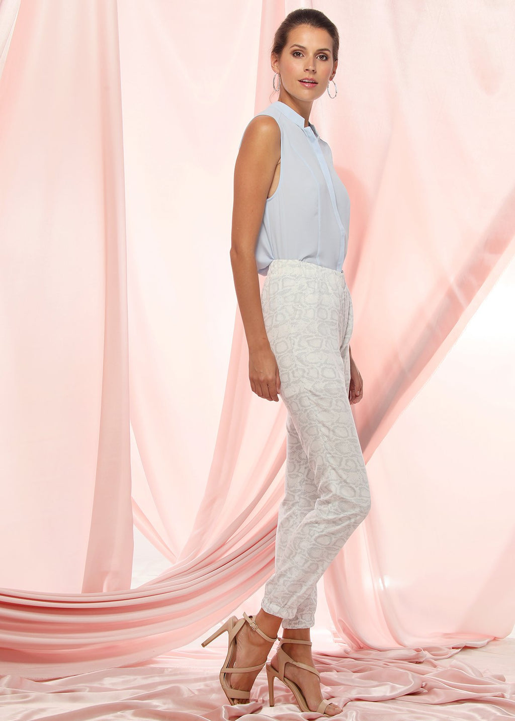 High Waist Printed Pants In Ivory Silver