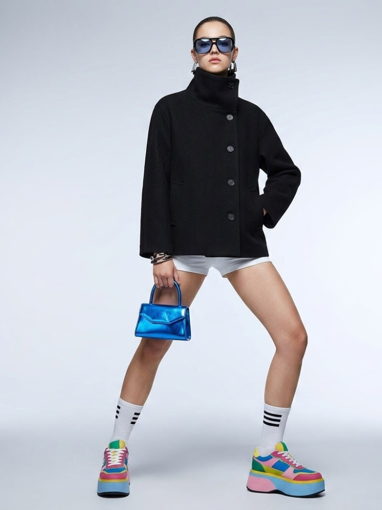 Jet Black Wool Blend High Collar Jacket