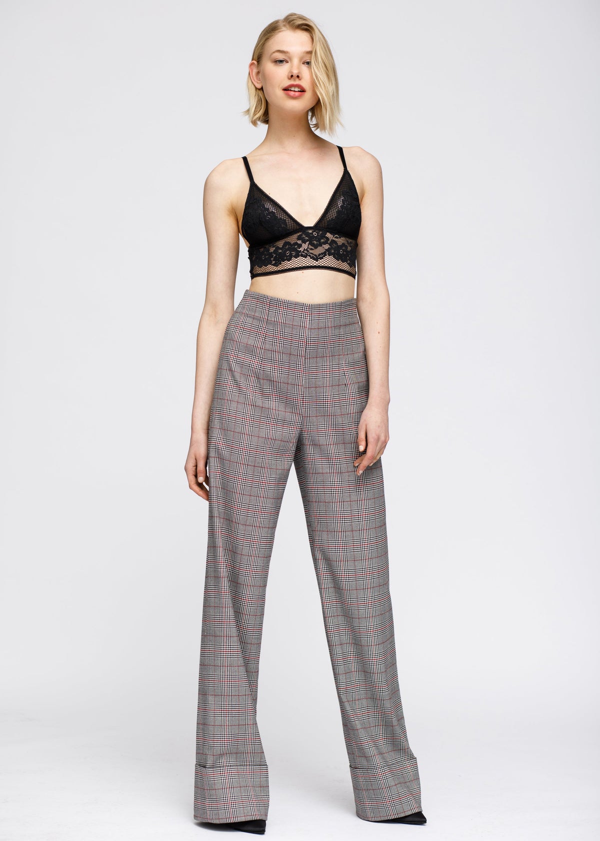 Multi Glen Plaid High Waist Wide Leg Pants In Grey Plaid
