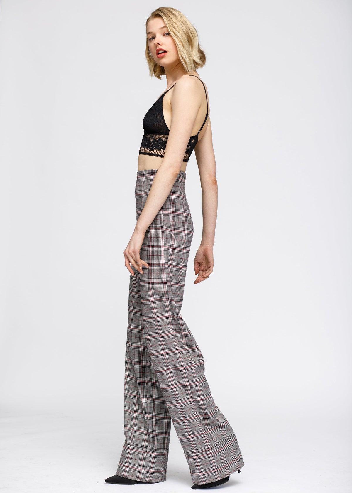 Multi Glen Plaid High Waist Wide Leg Pants In Grey Plaid