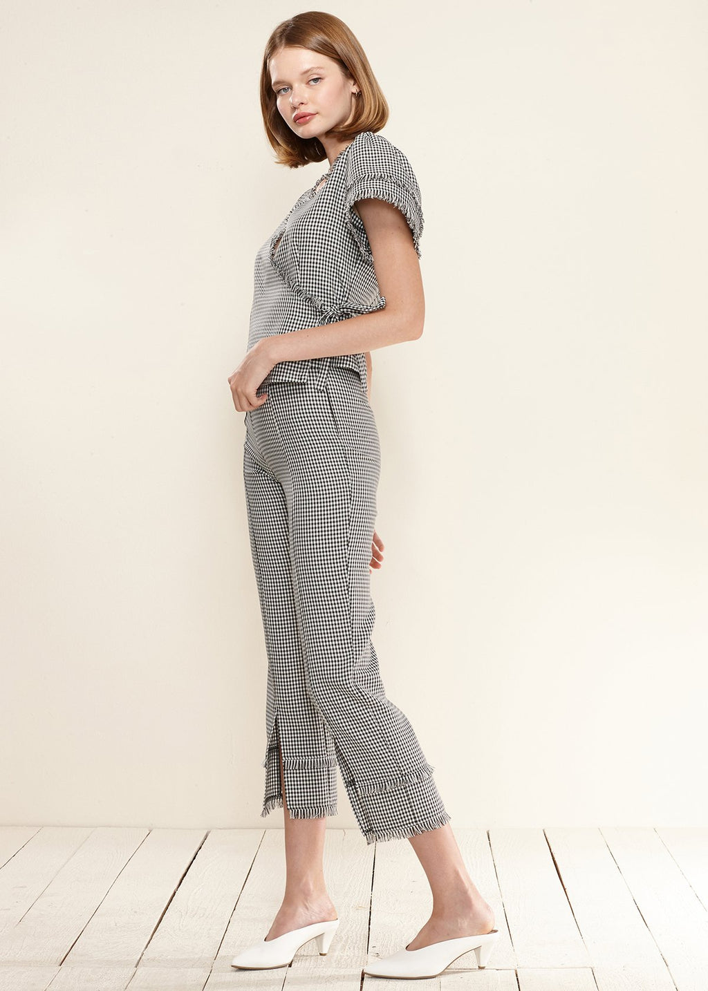 Fringe Trim Slit Hem Gingham Pants In Black Gingham