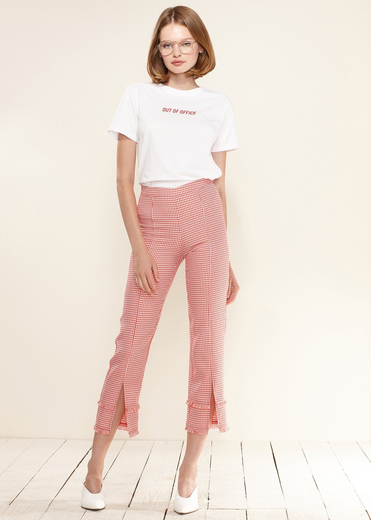 Fringe Trim Slit Hem Pants in Red Gingham