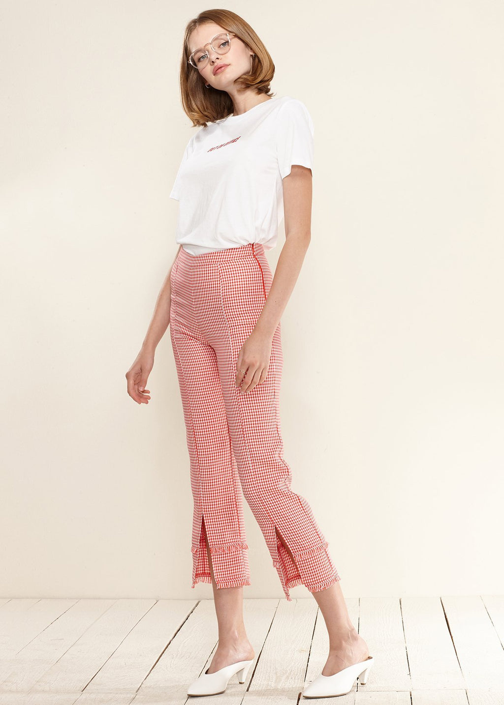 Fringe Trim Slit Hem Pants in Red Gingham