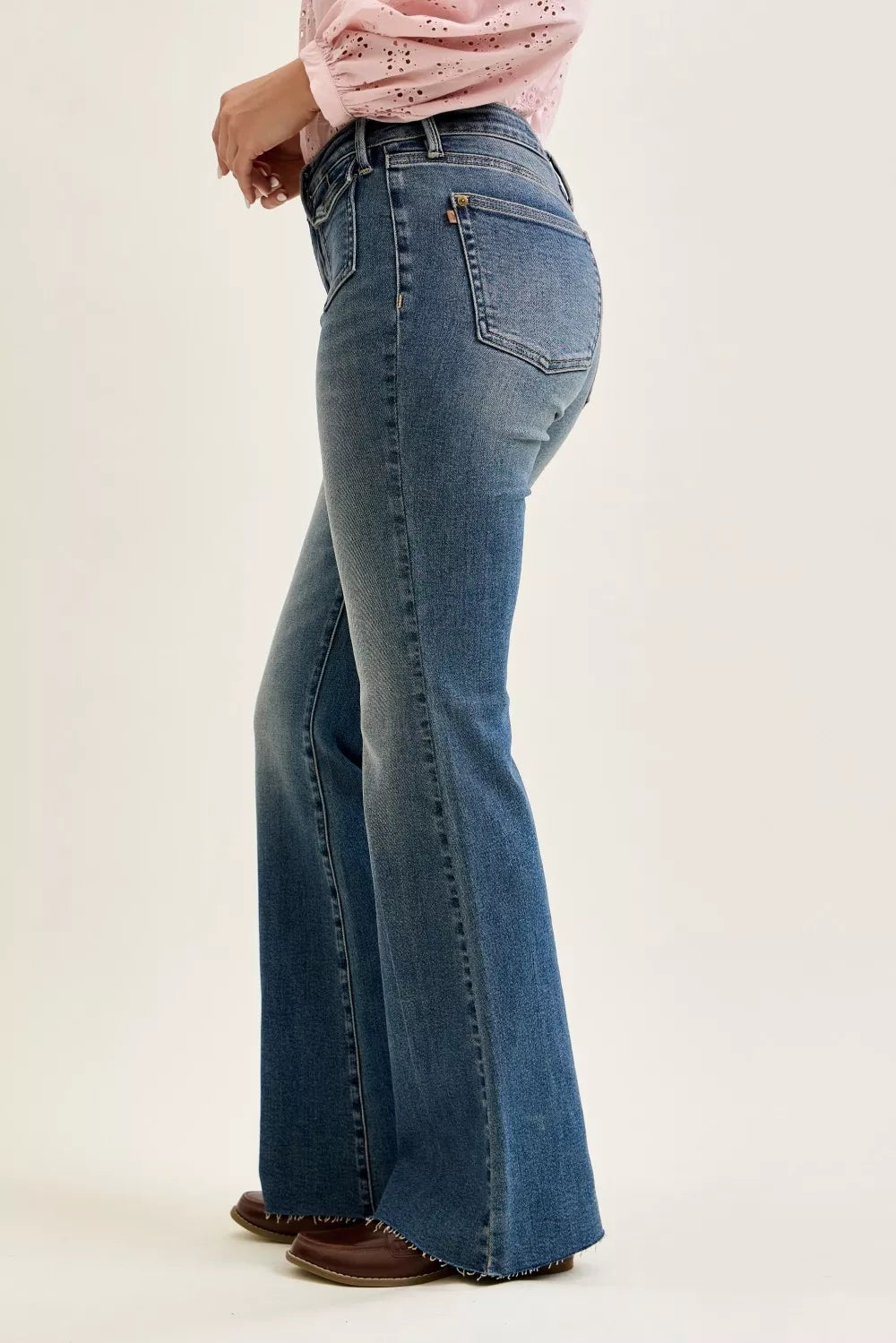 Mid Rise Faded Flare Jeans with Front Flap Pockets