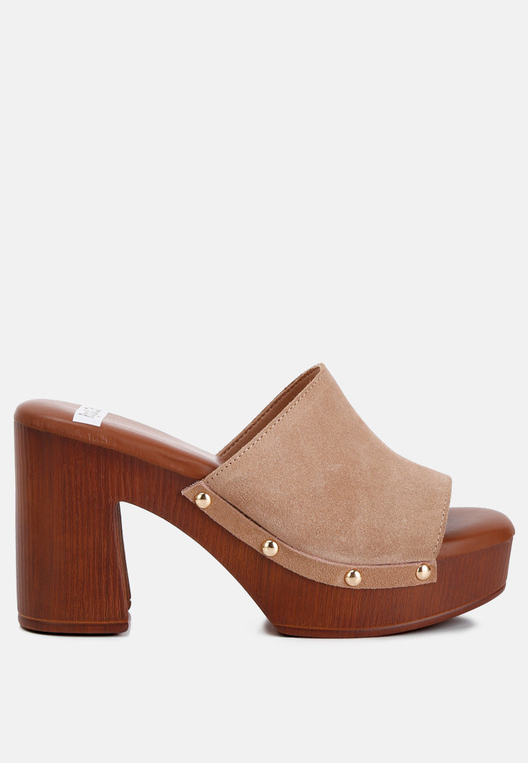 Soft High Block Suede Leather Heel Clogs